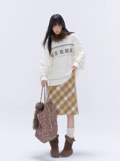 Yellow Plaid Wool-Blend Midi Skirt