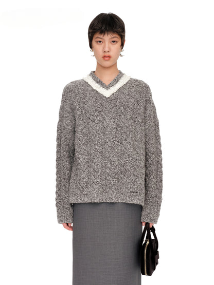 Gray &amp; Brown V-Neck Cable Knit Pullover