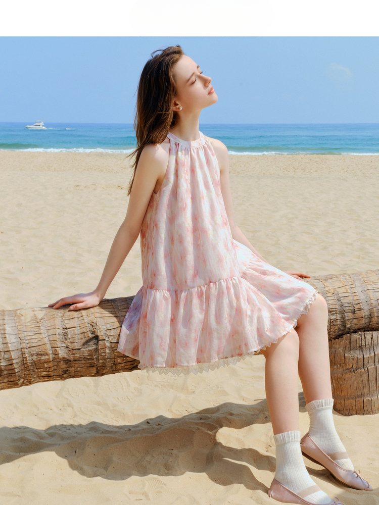 Pink Ombre Floral Halterneck Dress