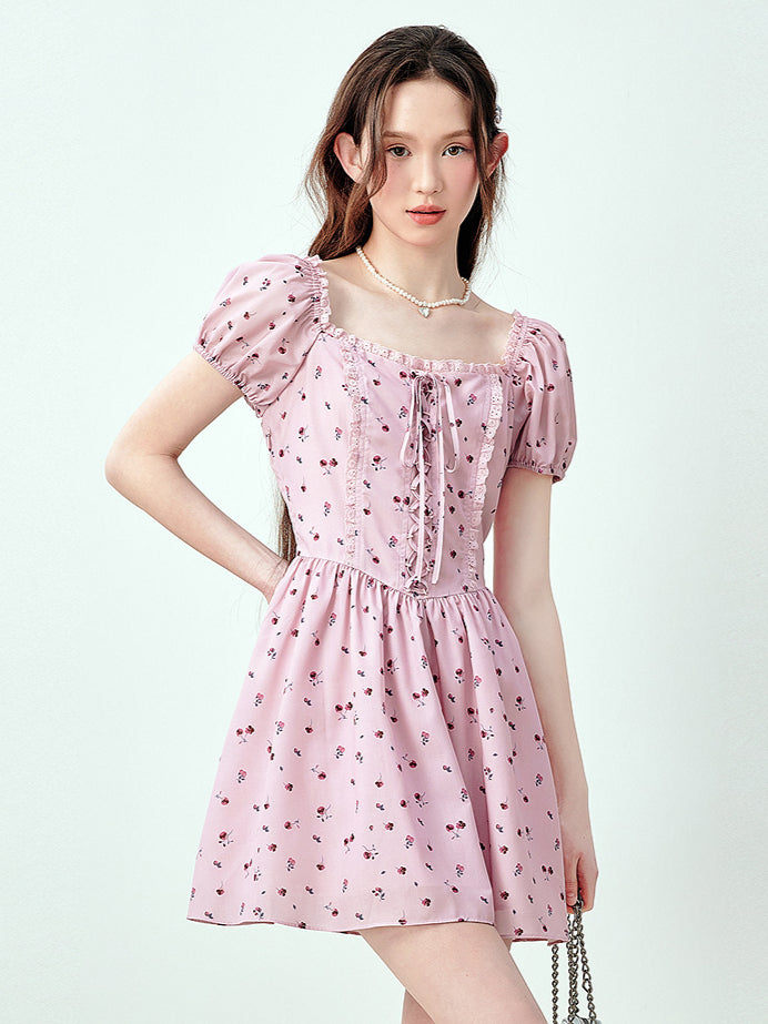 Pink Tie-strap Square-neck Floral Dress