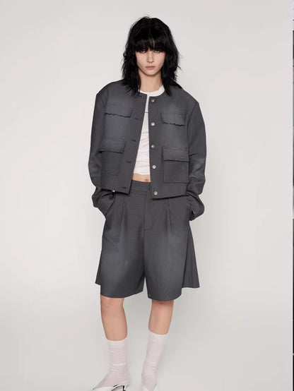 Washed Fringe-Edge Collarless Cropped Blazer