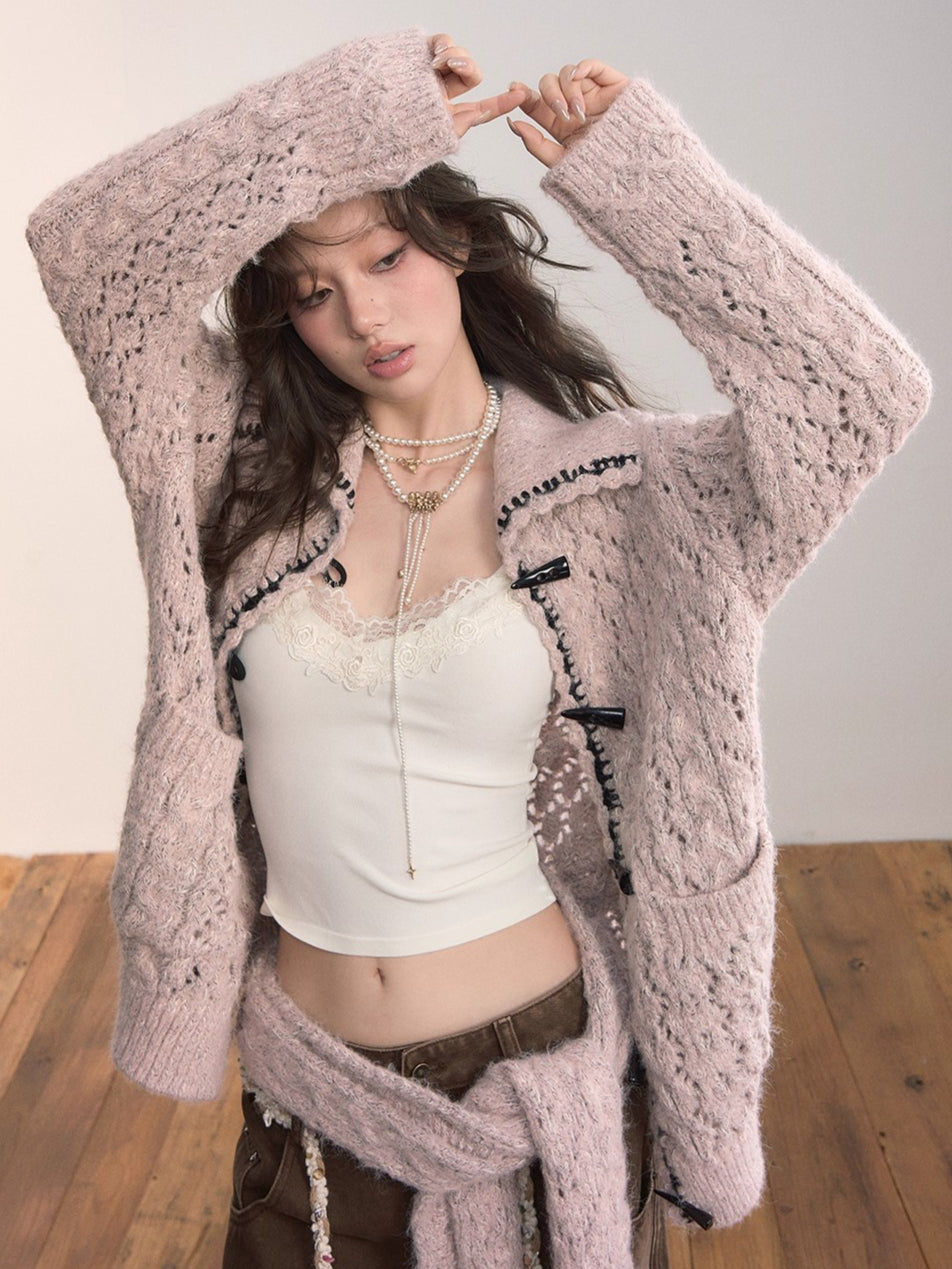 Heavy-Knit Toggle Wool-Blend Cardigan with Matching Scarf