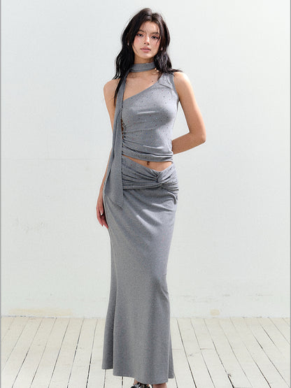 Rhinestone One-Shoulder Knit Vest &amp; Skirt Set - CHINASQUAD