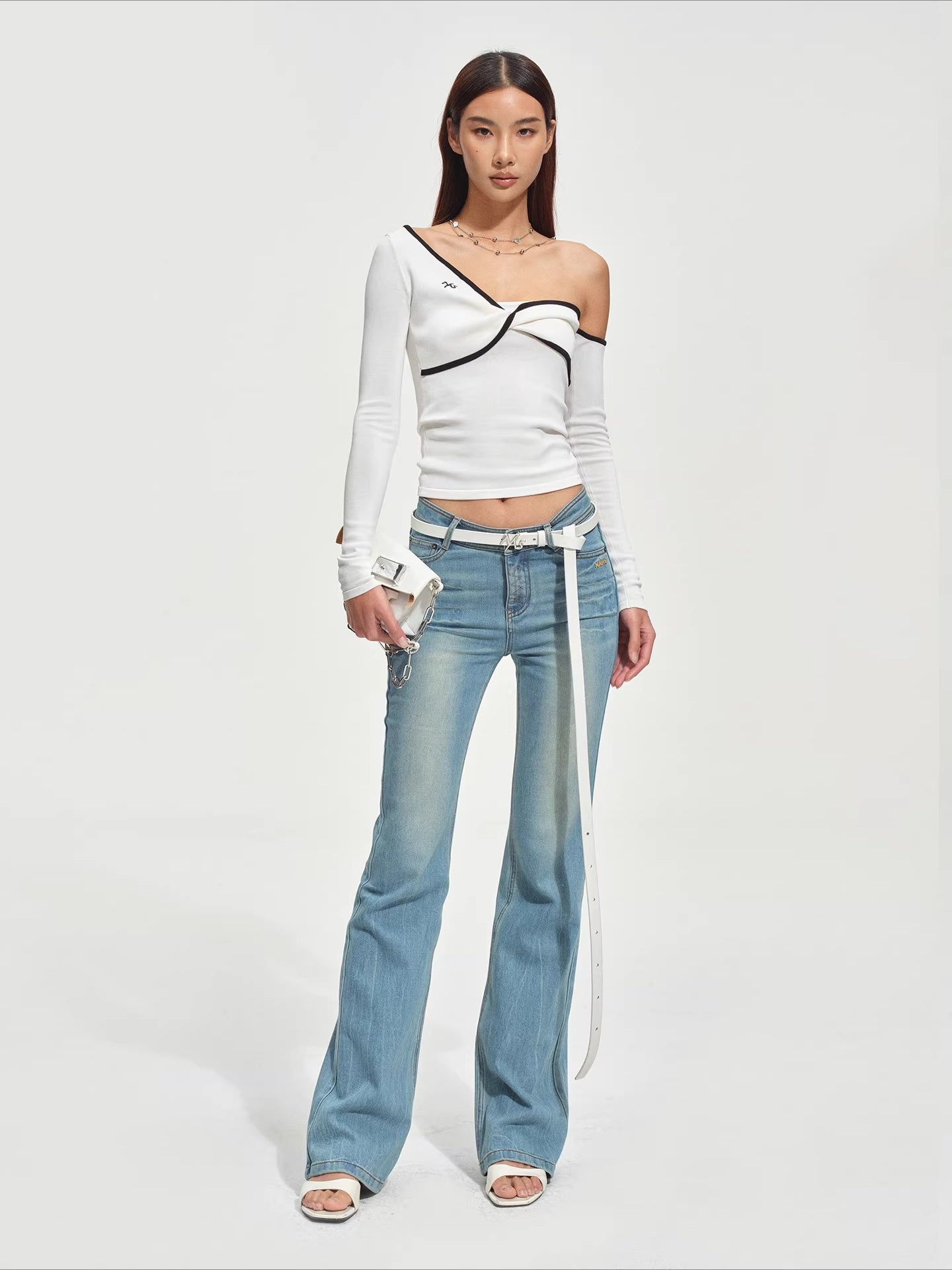 Sculpted Twist Asymmetric Off-Shoulder Knit Crewneck