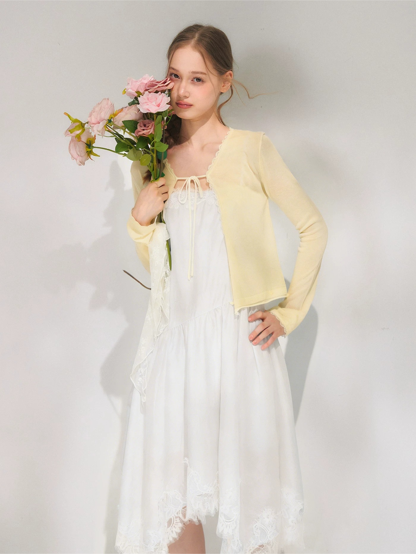 Asymmetric Lace-Trim Slip Midi Dress