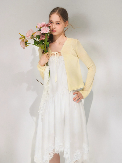 Asymmetric Lace-Trim Slip Midi Dress