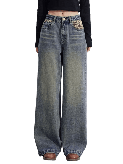 Leopard-Print Panelled Wide-Leg Denim Pants