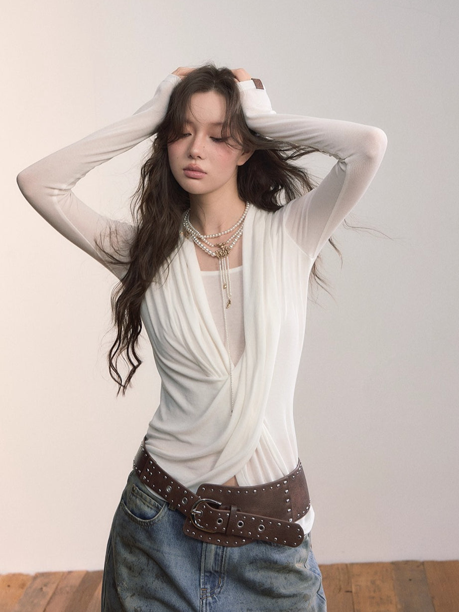 Draped Crossover Wool-Blend Asymmetric Blouse