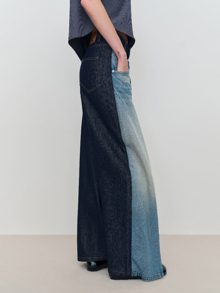 Spliced Fake Two-Piece Wide-Leg Jeans - CHINASQUAD