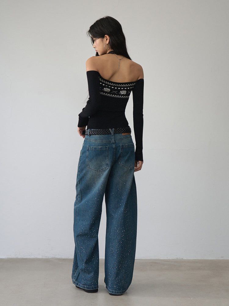Lace Halter Two-way One-shoulder Sweater - CHINASQUAD