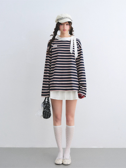 Contrast Tie Collar Striped Relaxed Long Sleeve T-Shirt