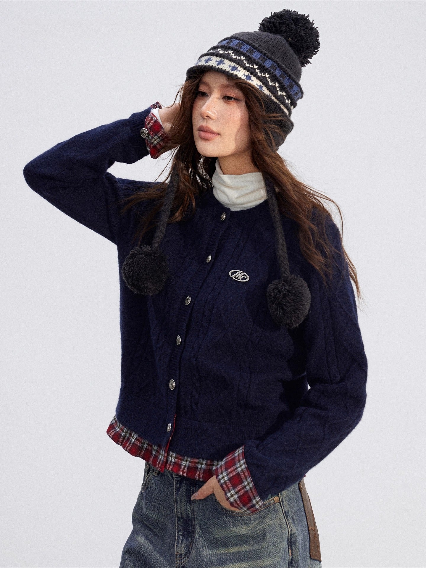 Plaid Patchwork Knit Cardigan