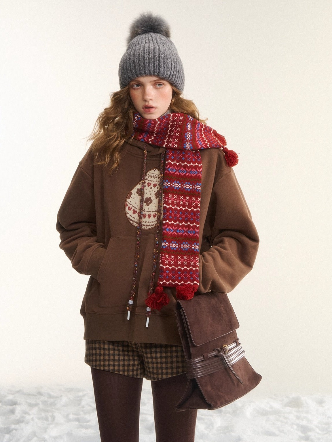 Brushed Fair Isle Knit Hooded Sweatshirt