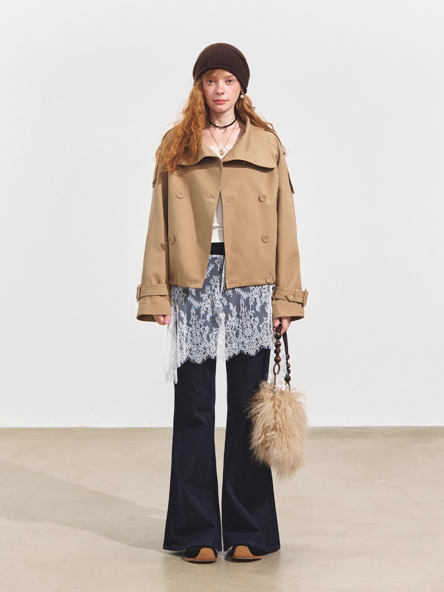 Stand Collar Double-Breasted Cropped Trench Coat