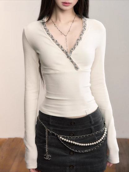 V-Neck Panelled Knit Long-Sleeve T-Shirt