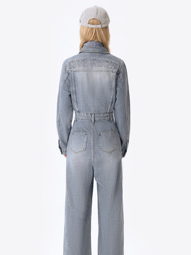 Denim Jumpsuit Straight-Leg Street Style