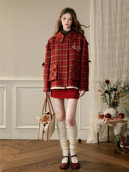 Cherry Bow Plaid Coat