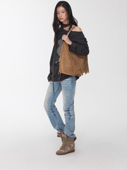 Vintage Pleated Washed Slim Curved Denim Pants