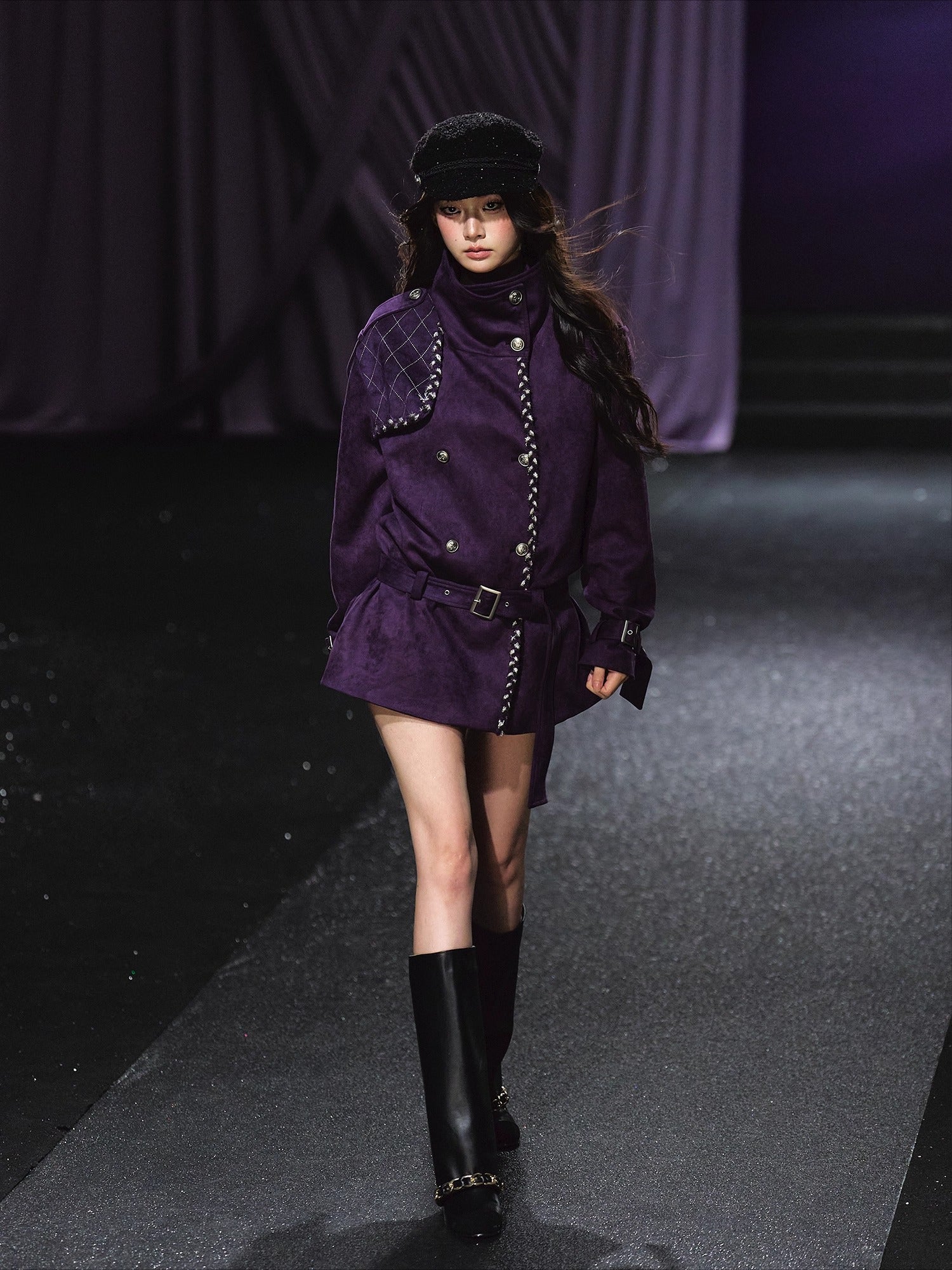Purple Suede Stand-Collar Trench Jacket