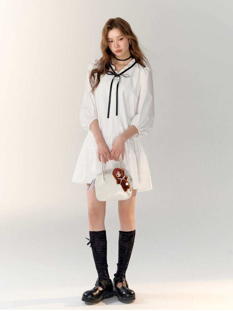 White Bowknot Tied Pleated Shirt Dress