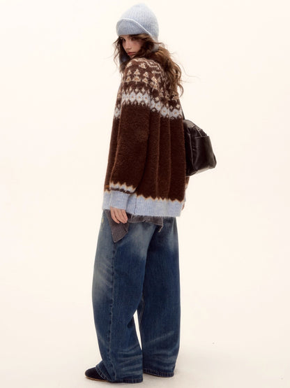 Wool Blend Fair Isle Button-Up Cardigan