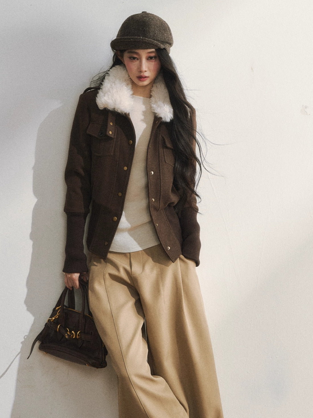 Vintage-Inspired Brown Fleece Lining Wool-Blend Jacket