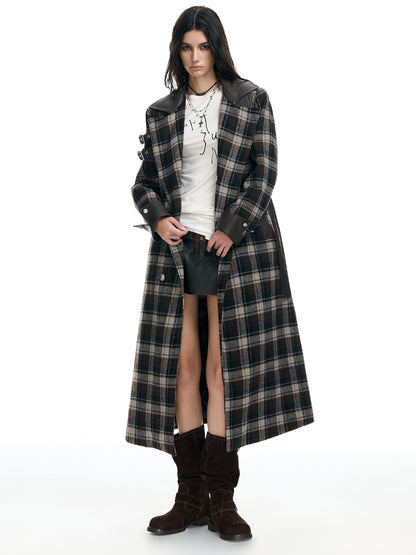 Plaid Patchwork Leather-Trim Quilted Trench Coat