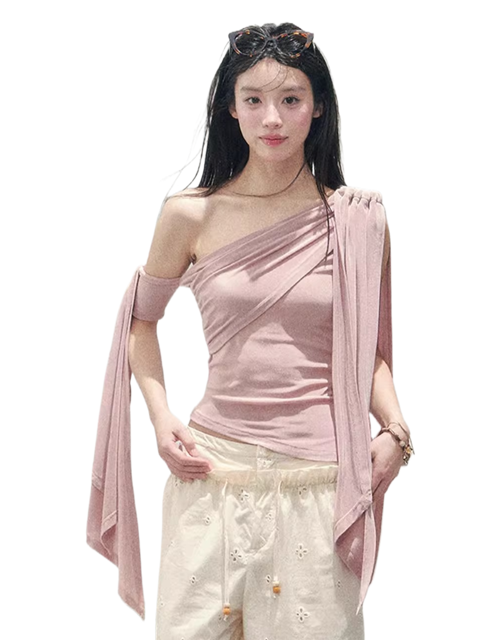 Coral Pink One-Shoulder Ribbon Blouse