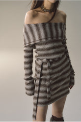 Grey & Khaki Striped Knit Mini Dress - CHINASQUAD