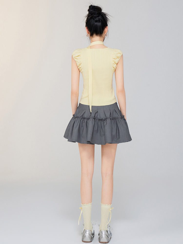Bubble Sleeve Small Square Neck Knitted Top