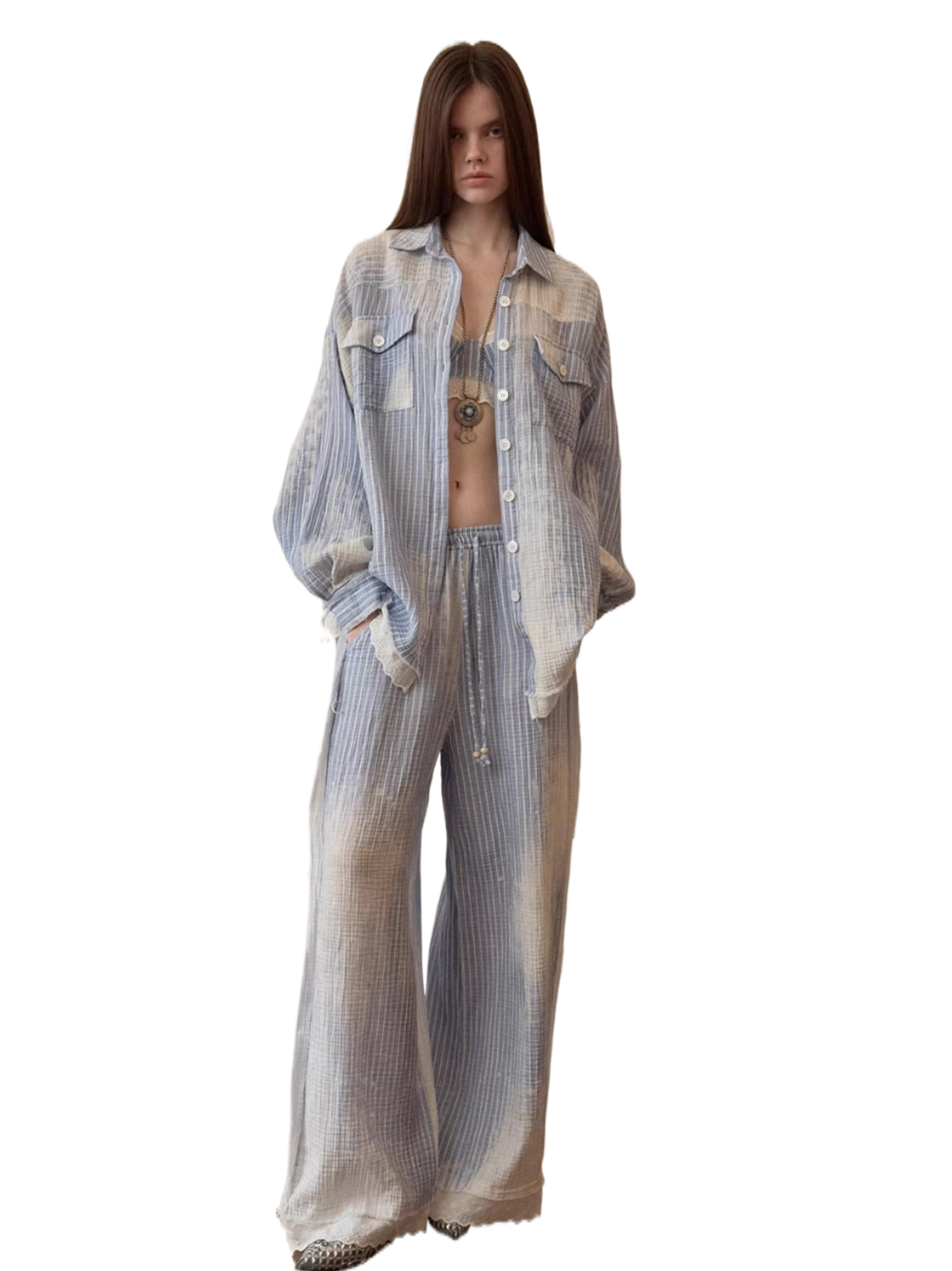 Washed Blue Stripe Shirt / Straight Pants / Corset Set