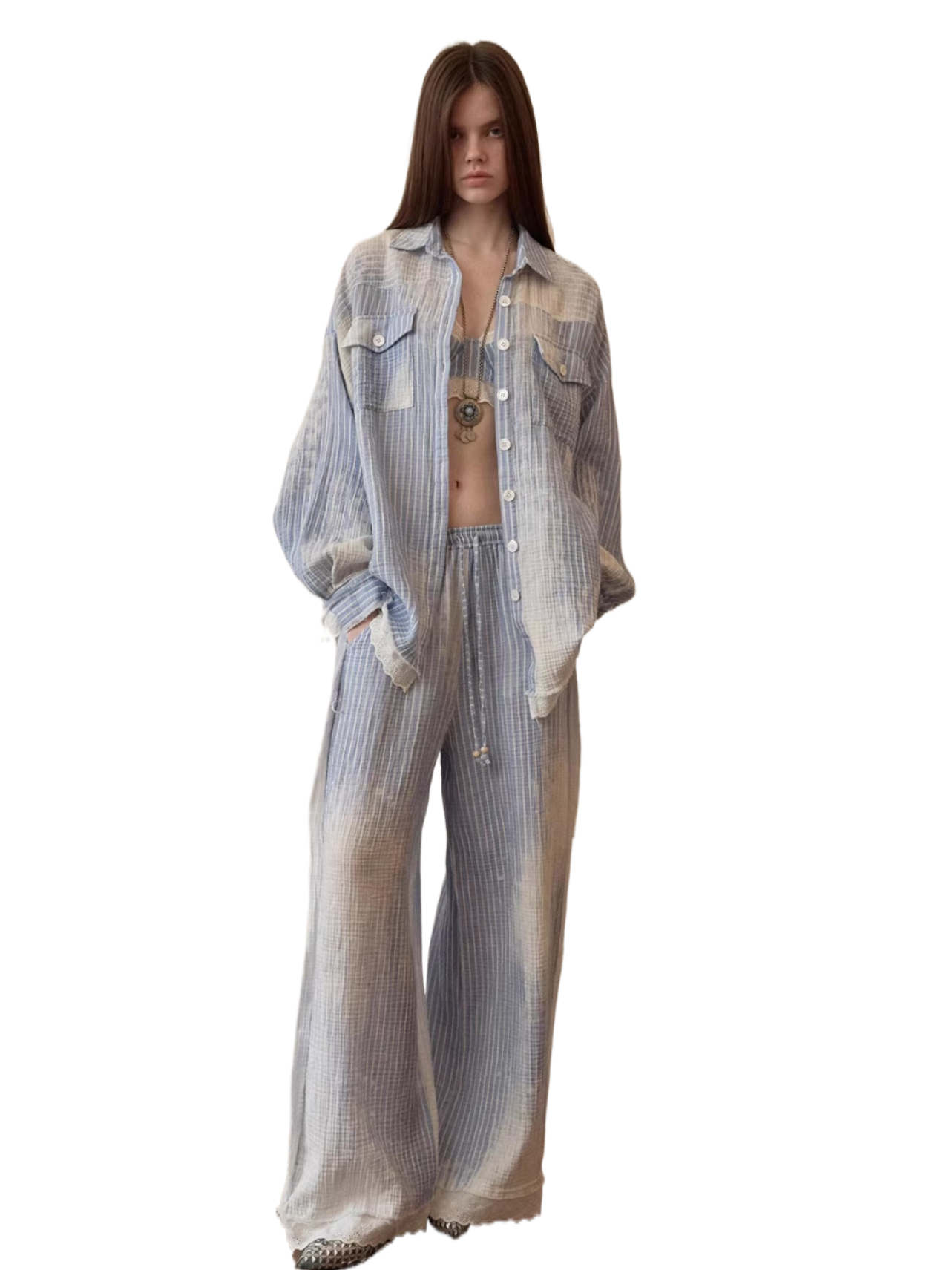 Washed Blue Stripe Shirt / Straight Pants / Corset Set
