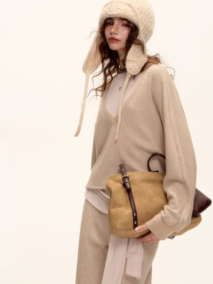 Waffle Knit V-Neck Pullover &amp; Tank Top &amp; Wide-Leg Pants Set