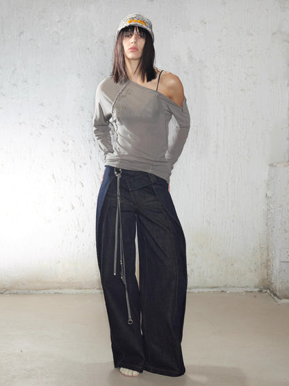 Rhinestone Frayed-Edge Knit T-Shirt