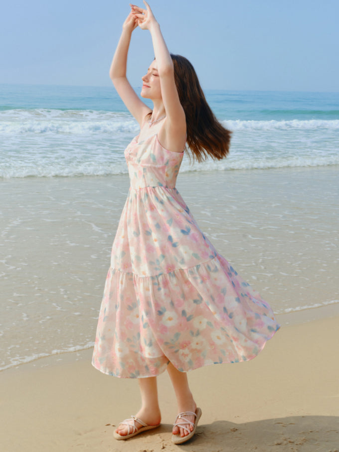 Pink Floral Waist-cinched Dress