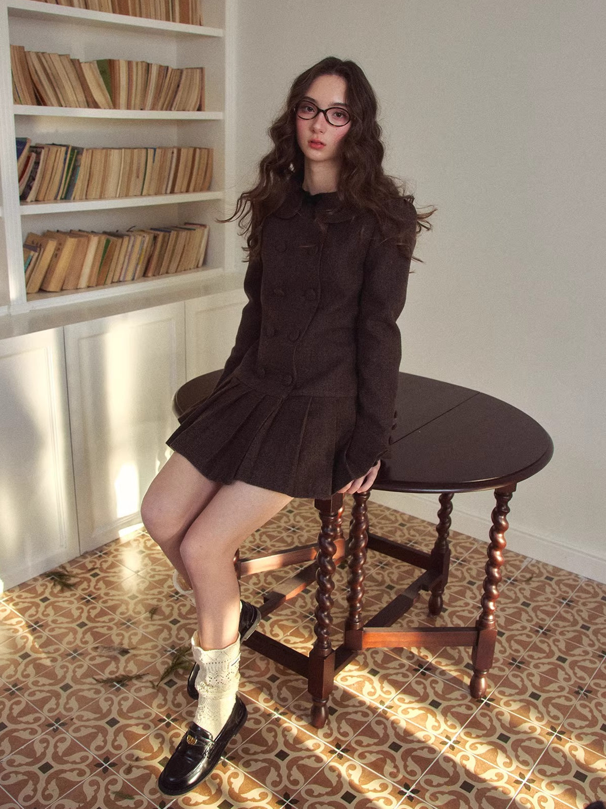 Vintage Preppy Doll-Collar Houndstooth Pleated Dress