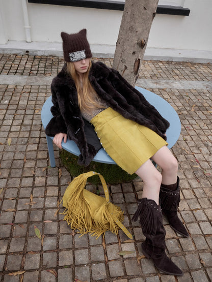 Suede Studded High-Waist Midi Skirt