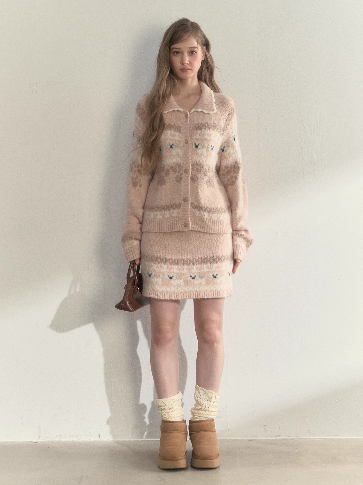 “Puppy Fair Isle” Vintage Knit Cardigan &amp; Skirt Set