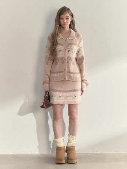 “Puppy Fair Isle” Vintage Knit Cardigan &amp; Skirt Set