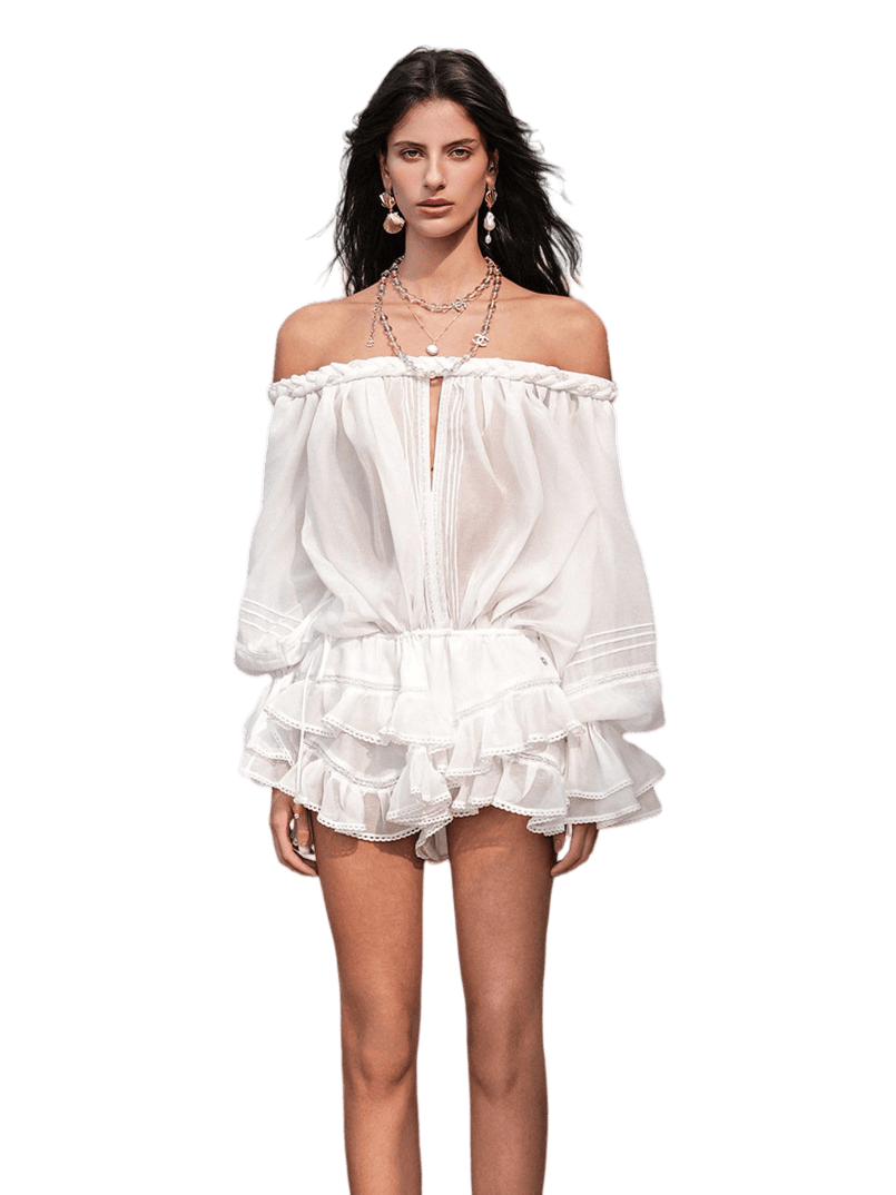 Off-Shoulder Printed Chiffon Layered Dress
