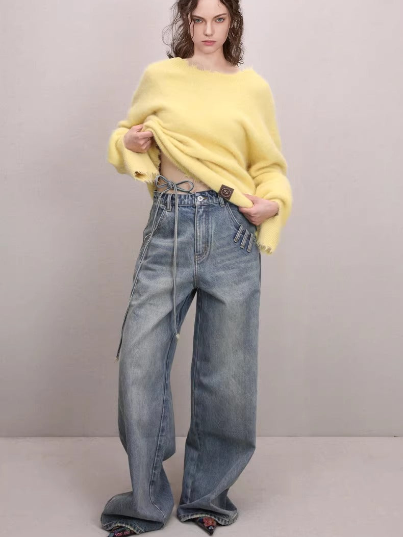 Asymmetric Tie-Detail Loop-Tab Denim Jeans