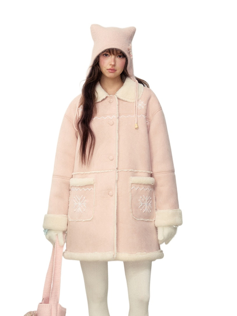 Pink Snowflake Embroidered Faux Shearling Coat