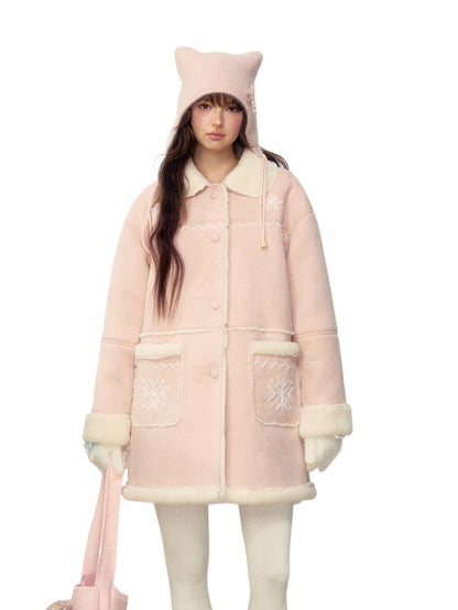 Pink Snowflake Embroidered Faux Shearling Coat