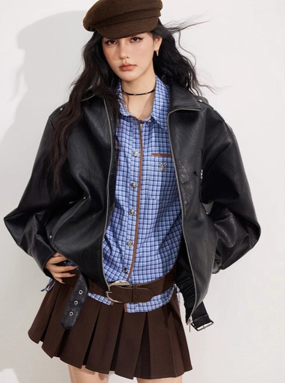Contrast Plaid Tie Shirt