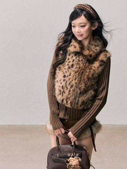 Faux Two-Piece Eco Fur Knit Jacket