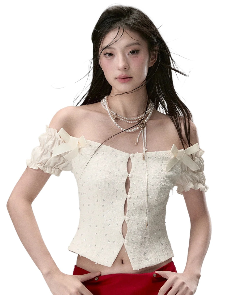 Off-the-Shoulder Sparkly 3D Pearl Mesh Blouse - CHINASQUAD