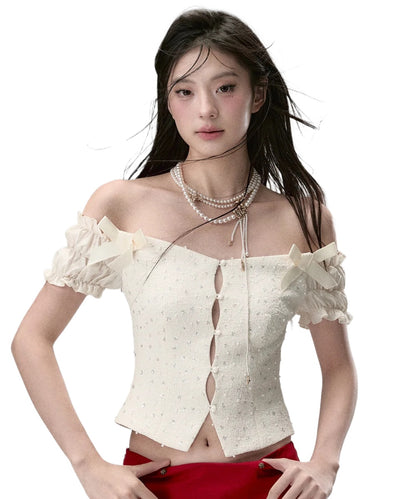 Off-the-Shoulder Sparkly 3D Pearl Mesh Blouse - CHINASQUAD
