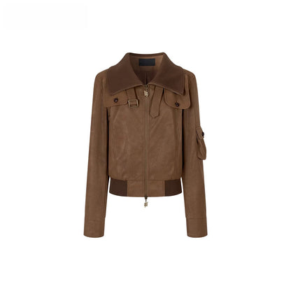 Vintage Contrast Lapel PU Leather Jacket
