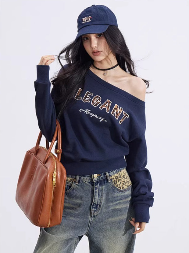 Off-Shoulder Letter-Print Cropped Sweatshirt