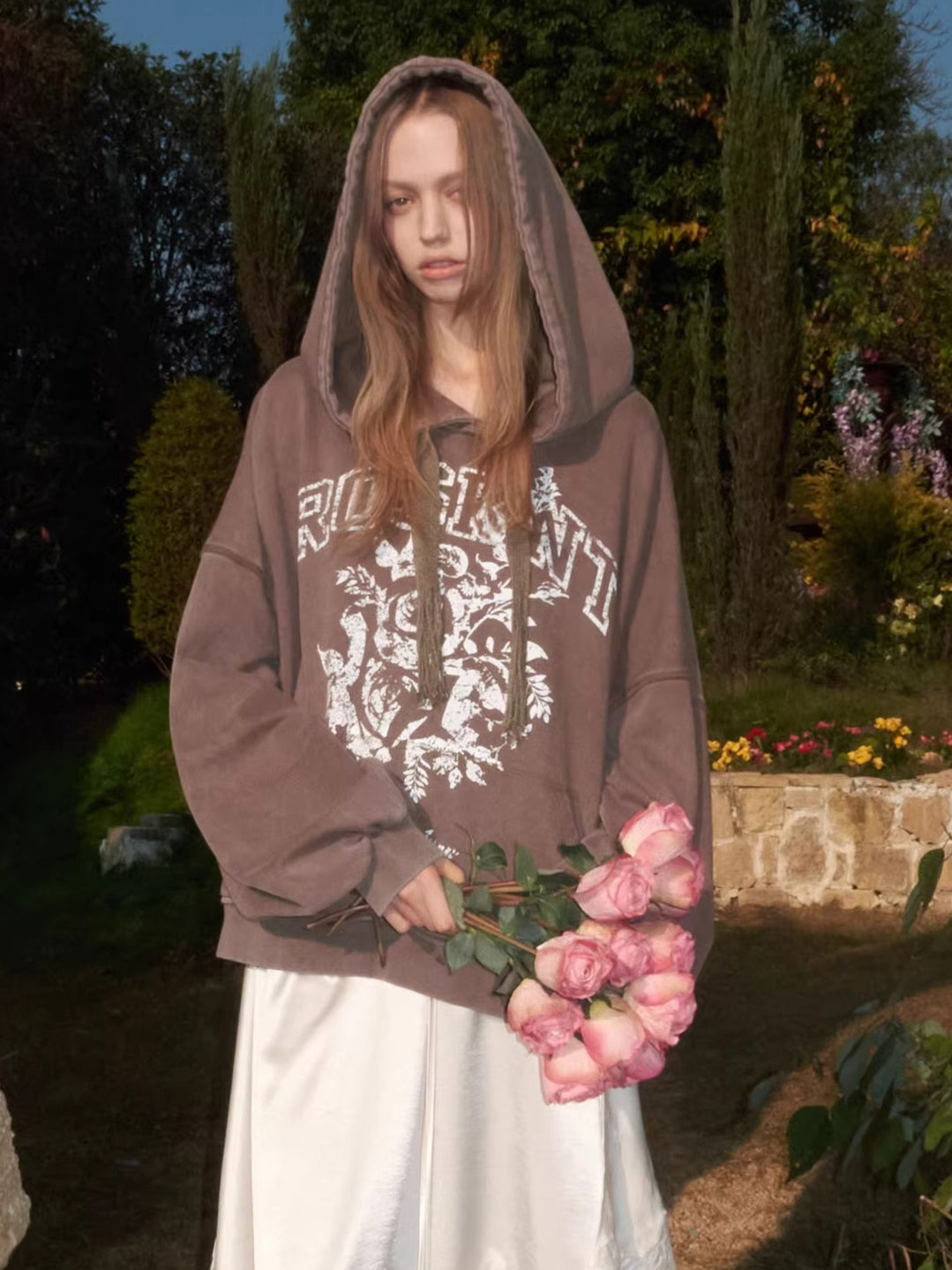 Print Slouchy Sleeve Washed Hoodie